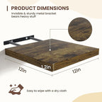 Fun Memories Square Floating Shelves for Wall - 12 Inch Deep Floating Shelves with Invisible Brackets, Brown Small Wall Shelf