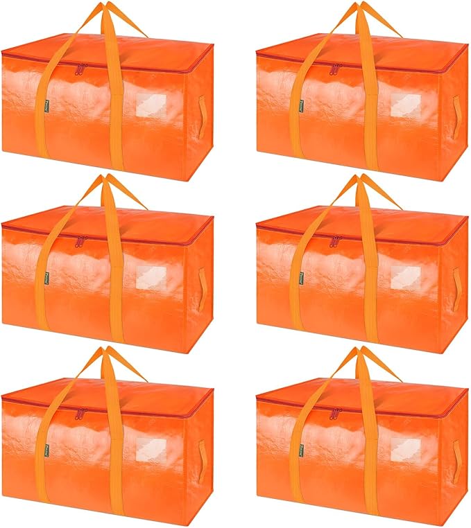 BALEINE 6-Pack Oversized Moving Bags with Reinforced Handles, Heavy-Duty Storage Tote for Clothes, Moving Supplies (Orange, 6