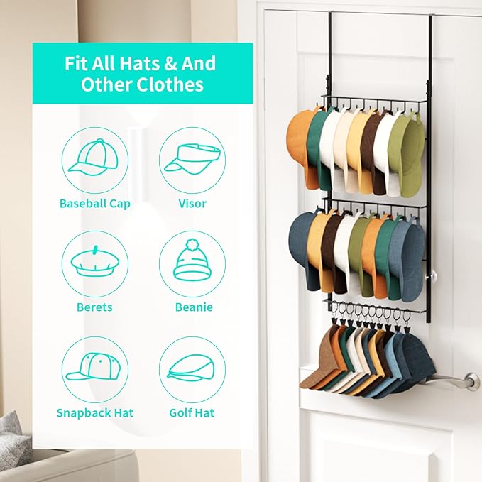 HapiRm Over Door Hat Rack - 3 Tier Wall Mounted Hat Organizer with 16 Hooks and 10 Movable Clips, Baseball Cap Organizer Stor