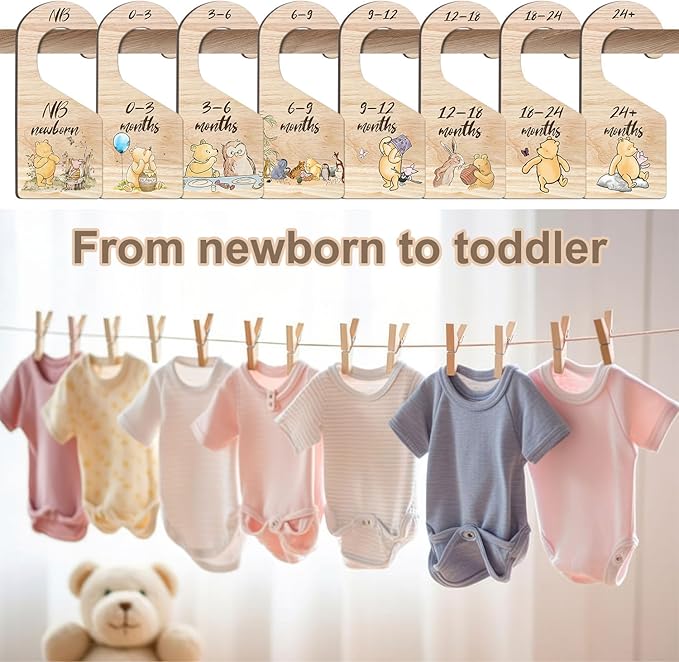 8Pcs Winnie Baby Closet Dividers, Winnie Baby Clothes Dividers for Closet, Newborn Baby Stuff for Baby Boys Girls, Wooden Dou