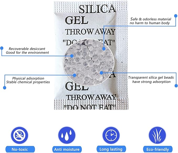 100Pcs Silica Gel Desiccant Packs(5 Gram), Industrial Grade No-Toxic Dehumidifier Packets, Premium Silicone Beads Moisture
