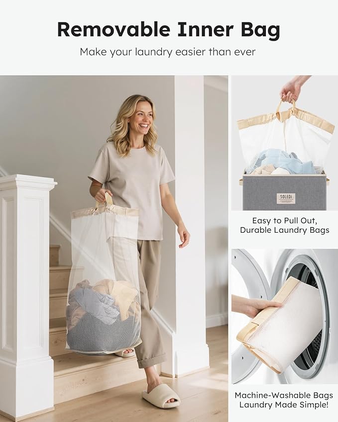 SOLEDI Laundry Hamper with Lid 100L Large & Tall Collapsible Laundry Basket, Clothes Hamper with Bag Removable Easy to Carry,