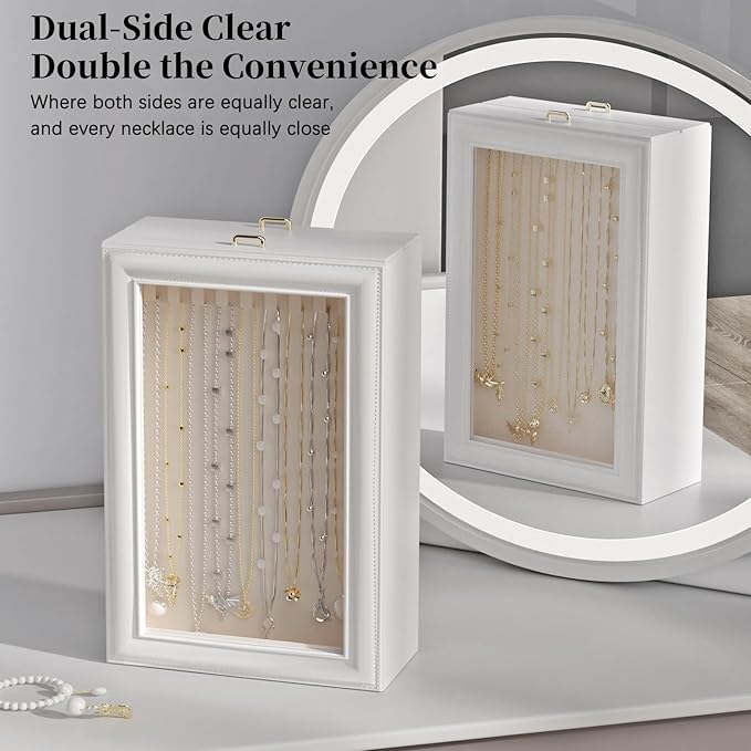 Necklace Organizer Box - 2-Layer Double-Sided Clear Lid Jewelry Storage Case, Anti-Tangle Necklaces Display Holder for Pendan