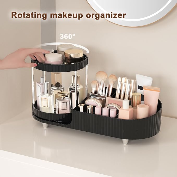 Makeup Organizer Countertop for Vanity with 360 Rotating Perfume Trays, 7-Compartment Skincare Organizers and Make Up Desk St