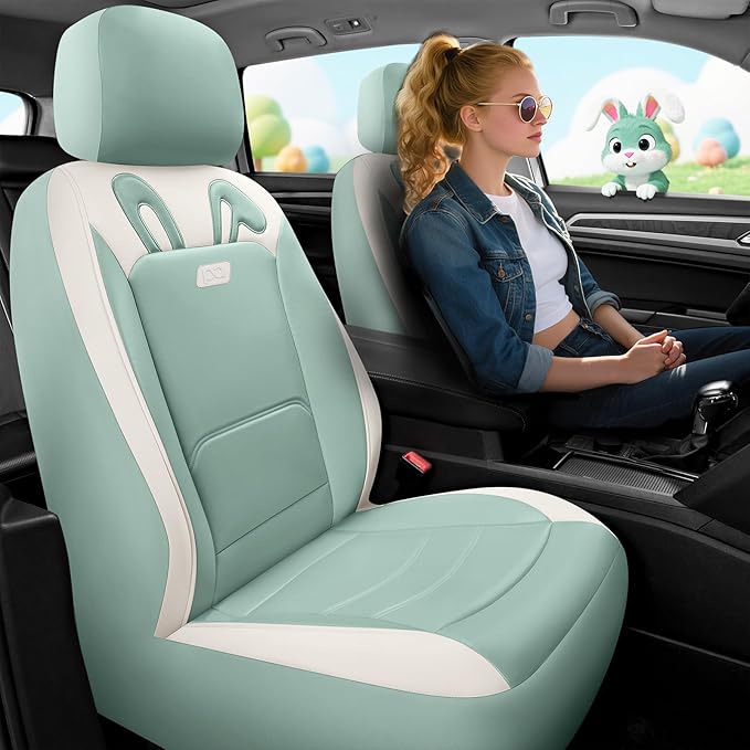 PIC AUTO Car Seat Covers, Cute Rabbit Premium Green Leather Seat Covers, Universal Fit Front Seat Covers for Cars, Trucks, SU