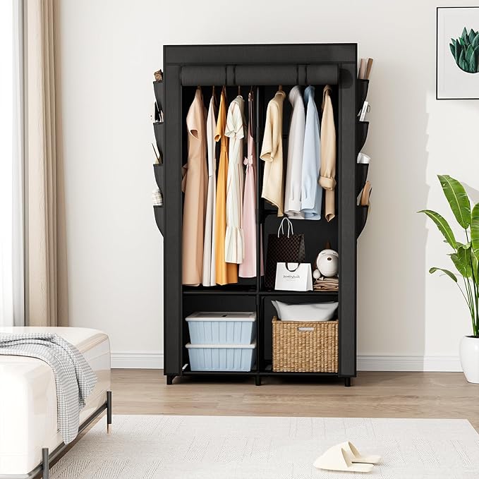 Portable Closet for Hanging Clothes, Portable Wardrobe Closet with Cover, 4 Storage Shelves, 2 Hanging Rods and 8 Side Pocket