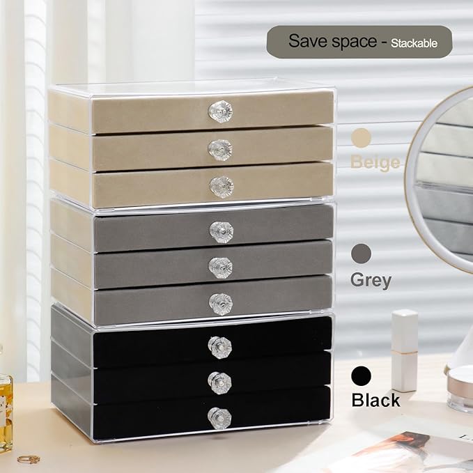 SPAKOWN Ring Box Display Holder, Clear Velvet Jewelry Storage Tray Organizer for Ring Stud Earring (Black - 3 Drawers)