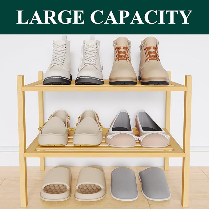 Smiry Small Bamboo Shoe Rack 2-Tier, Stackable Wooden Shoe Organizer for Entryway & Closet, Free Standing Wood Shoe Storage S