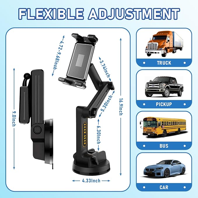 Tablet Mount for Truck, Car Phone Holder,Dashboard Windshield Phone Holder 16.9 inch Long Arm,Super Suction Cup Compatible with Pickup Truck,4.7-12.9in Tablet & iPad