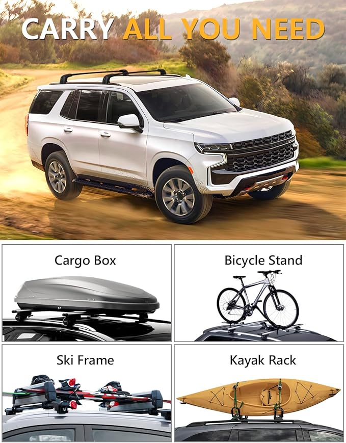 Tuyoung Roof Rack Cross Bars Compatible with 2021 2022 2023 2024 2025 2026 Chevy Tahoe & Suburban, GMC Yukon XL, Cadillac Escalade ESV, Chevrolet Lockable 330lb Aluminum Black Crossbar Carrier Luggage