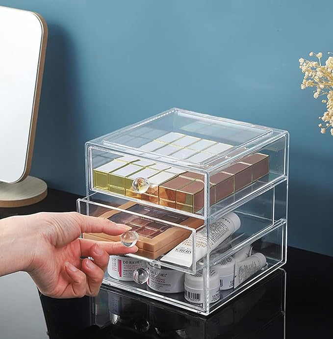 AJIODA Makeup Drawer Organizer Box with 3 Drawers, Acrylic Cosmetic Display Case Vanity Organizer Jewelry Storage Box Stackab
