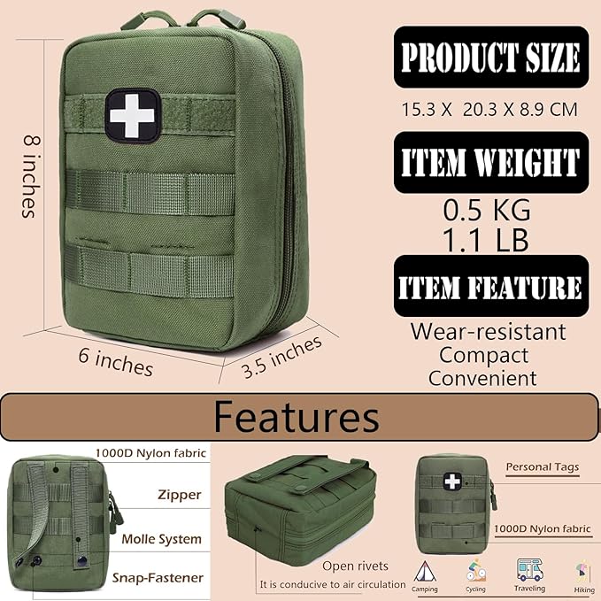 First Aid Kit EMT Medical IFAK Pouch, Molle Tactical Med Emergency Trauma Bag for Camping Home Car Hiking Hunting (Olive Drab
