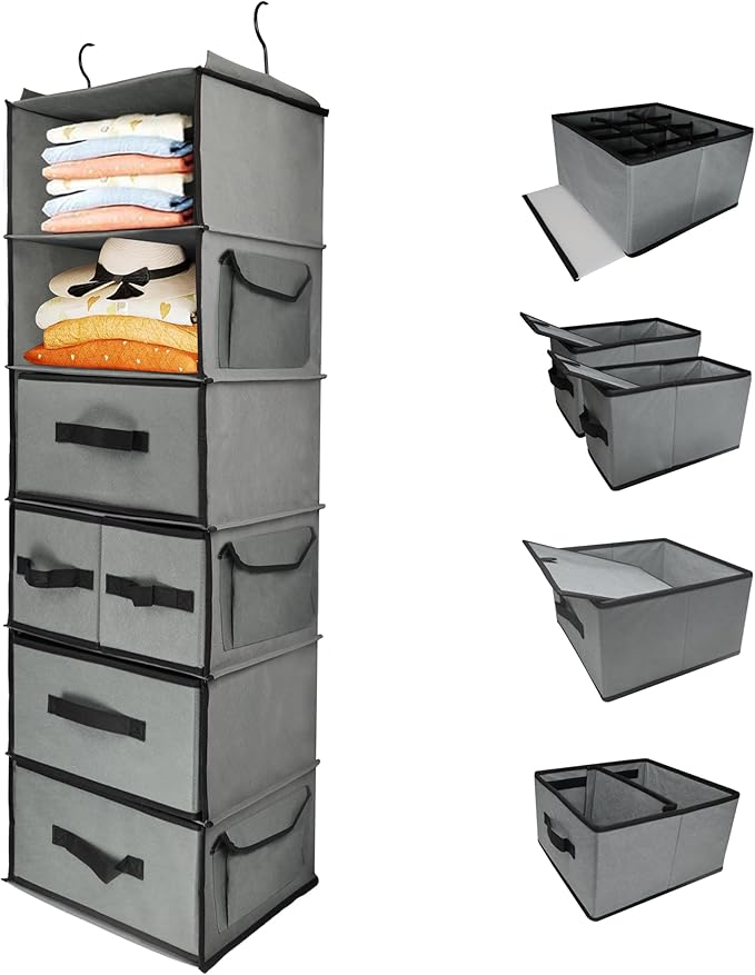 Durable 6-Tier hanging closet organizer with 5 Drawers & 3 Side Pocket,Thickened Fabric Hanging Shelves Holder with Sturdy Ho