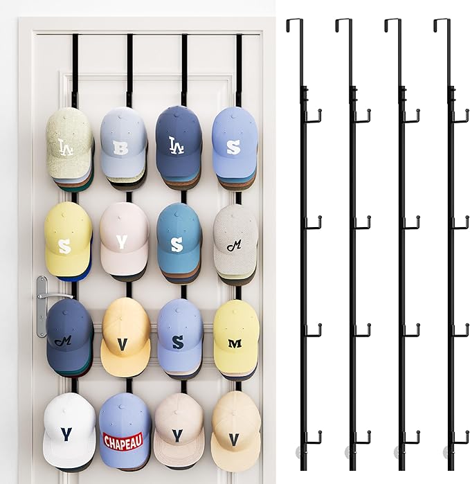 SWTYMIKI Over Door Hat Rack - 4 Packs Metal Hanging Hat Organizer with 16 Hooks Design, Baseball Cap Hanger Organizer Storage