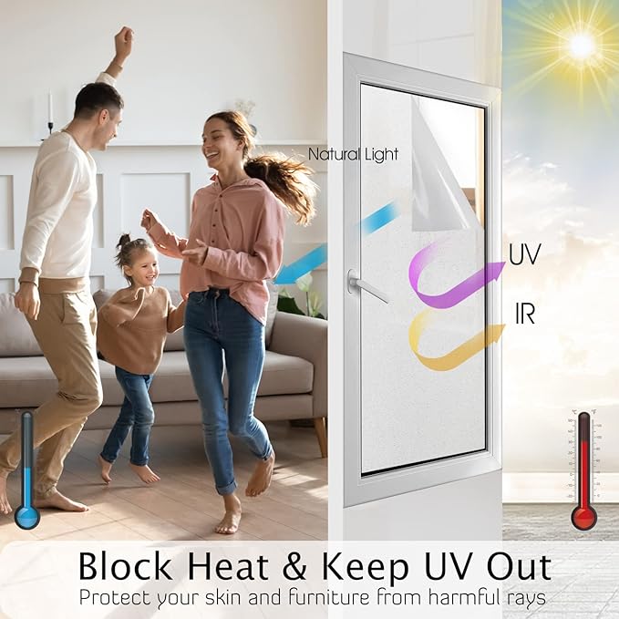 HIDBEA Frosted Window Privacy Film Heat Control UV Blocking, Static Cling Non-Adhesive Reusable Door coverings for Bathroom Home Office (Frosted 35.4 Inch x 8.2 Feet)