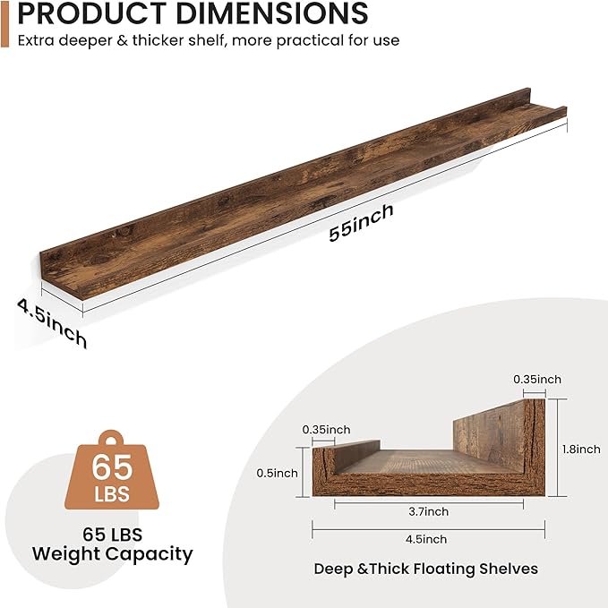 Fun Memories Picture Ledge Shelves Set of 2, 55 Inch Rustic Wall Mounted Floating Shelves with Lip for Home Storage and Décor