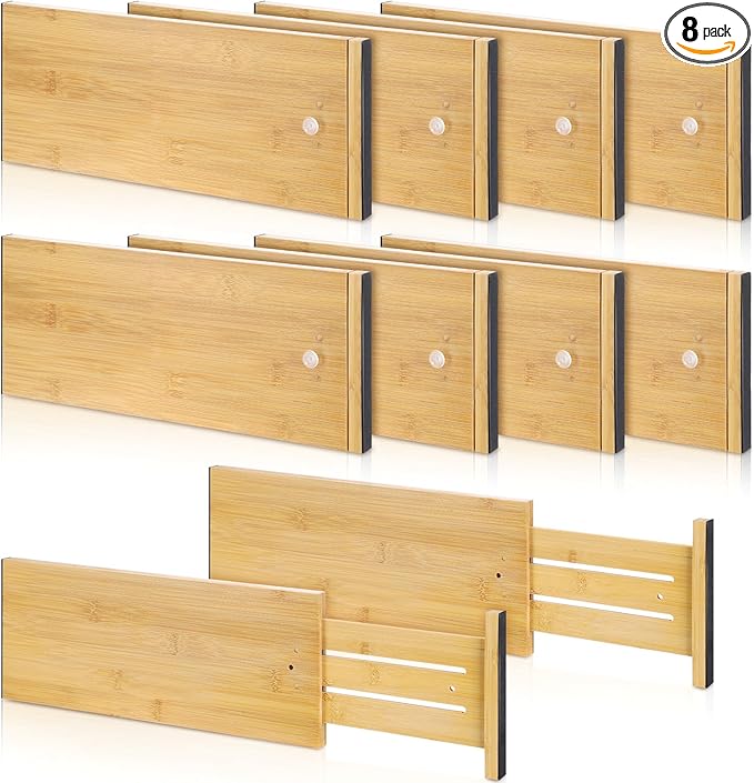 8 Pcs Deep Bamboo Drawer Dividers, Deep Kitchen Dresser Drawer Organizer with Spring Loaded for Clothes, Adjustable Expandabl