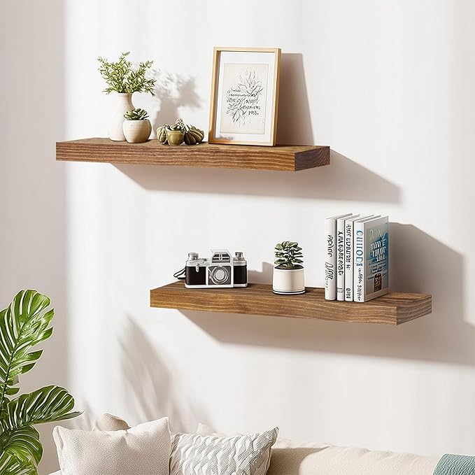 Floating Wall Shelves 30x6.8x1.7 Inch – Solid Wood Rustic Shelves in Dark Oak Finish – Wall Mounted Heavy Duty Display Shelf 