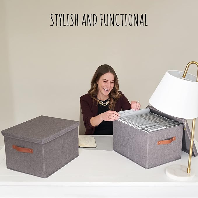 ZICOTO Decorative File Organizer Box Set of 2 - Collapsible Linen Filing Cabinets w/Handles Are Perfect to Store all Your Doc