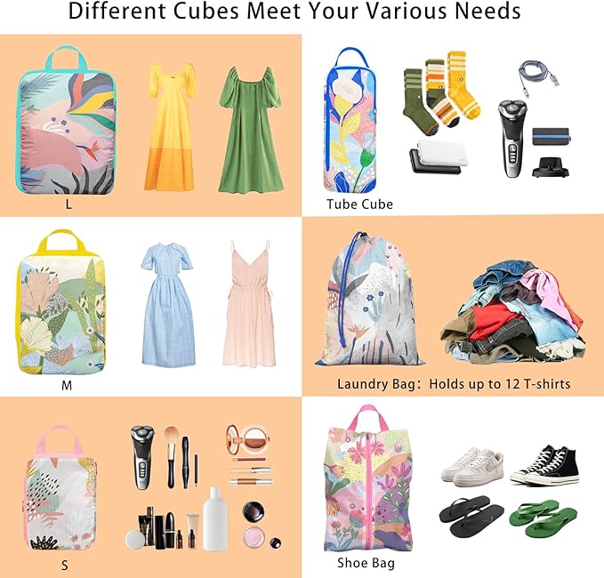 6 Pcs Compression Packing Cubes, Packing Cubes for Travel, Waterproof Luggage Organizer Bags Set, Cute Packaging Cubes for Wo