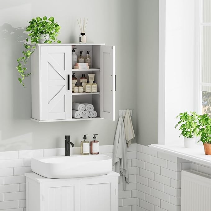 Homleke Bathroom Wall Cabinet, Over Toilet Storage Cabinet with Barn Doors and Adjustable Shelves, 3-Tier Medicine Cabinet Wa