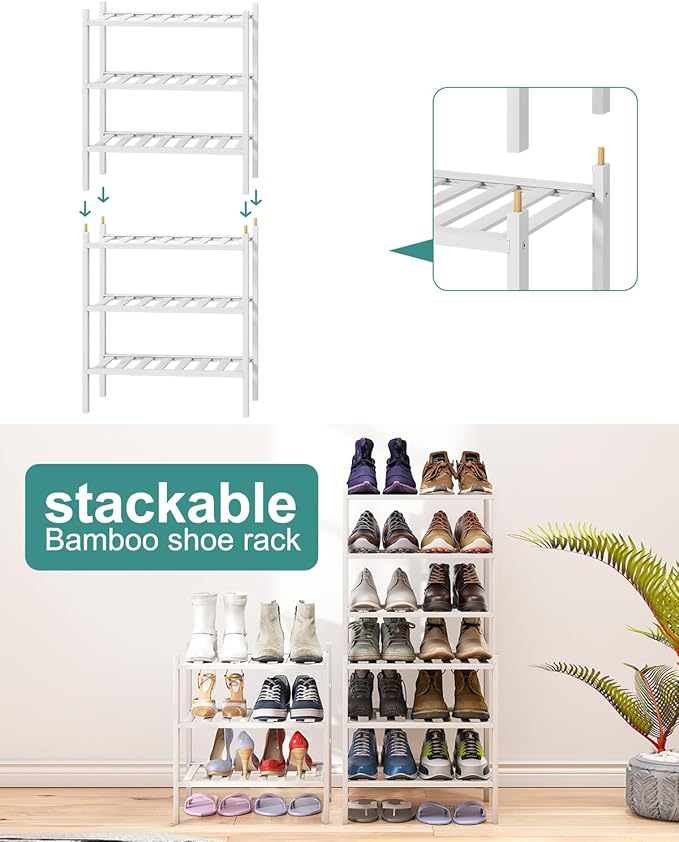 viewcare Small Shoe Rack for Entryway, White Shoe Organizer for Closet, Bamboo Wood Standing Shoe Shelf for Indoor Outdoor (W
