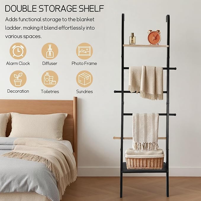 Wooden Ladder with Shelf for Decor, 6-Tier Decor Ladder with Non-Slip Mat & Hooks, Farmhouse Style Leaning Wall Display Holde