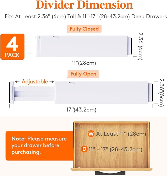 Lifewit 4 Pack 2.36" High Drawer Dividers 28-43.5cm/11-17" Adjustable Drawer Organizer for Clothes/Utensils, Expandable Drawe