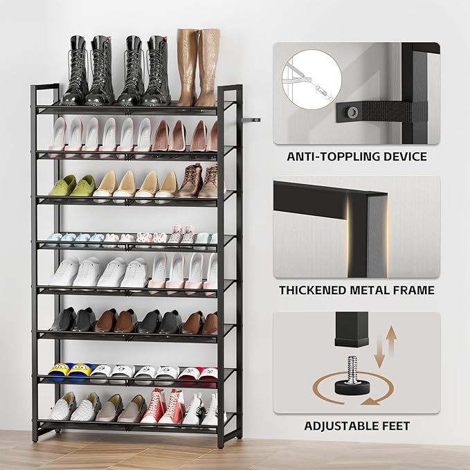 Shoe Rack, 8-Tier Metal Shoe Organizer, Tall Shoe Rack for Closet,entryway,Garage, with Adjustable Flat or Angled Shelves, 32