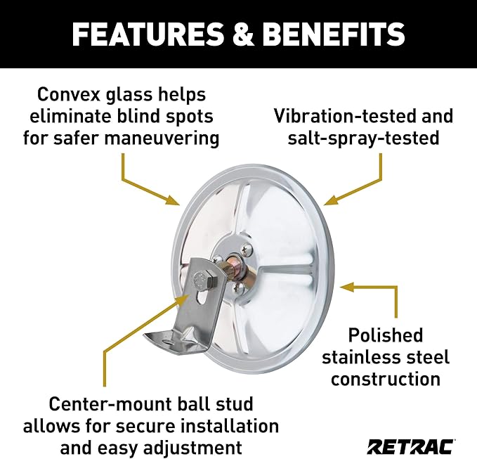 RETRAC 610148 5-Inch Stainless Steel Center-Mount Convex Mirror Head with J-Bracket, Universal Driver or Passenger Side