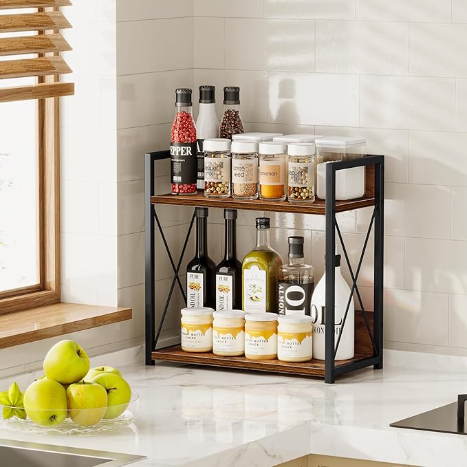 Giikin Kitchen Counter Shelf, Kitchen Countertop Organizer, 2 Tier Spice Rack for Counter, Wood Coffee Bar Organizer for Coff
