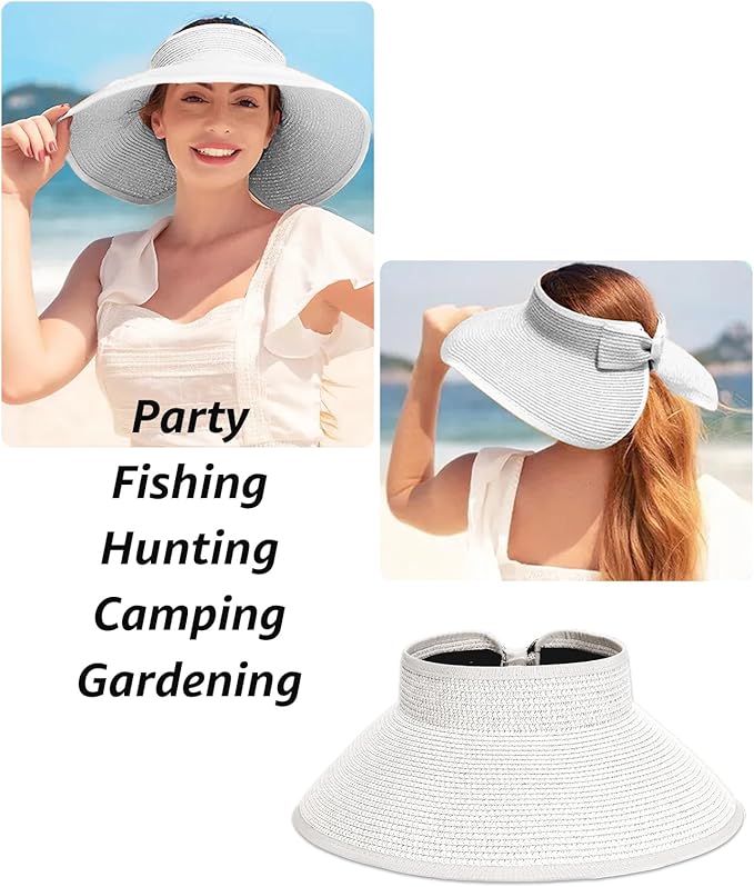 Sun Visor Hat for Women, Wide Brim Straw Summer UV Protection Hat, Foldable Roll-up Packable Beach Cap