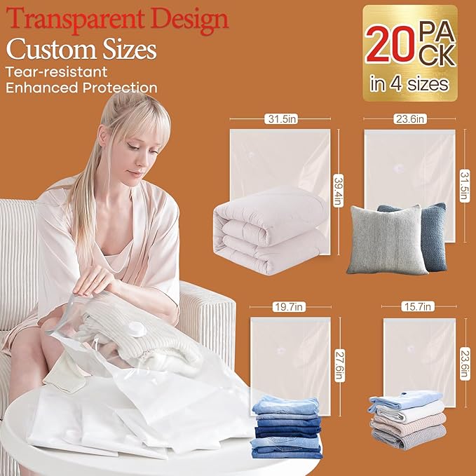 Vacbird Vacuum Seal Bags for Clothing, 20 Pack Vacuum Storage Bags with Rechargeable Cordless Air Pump(5J+5L+5M+5S), Space Sa