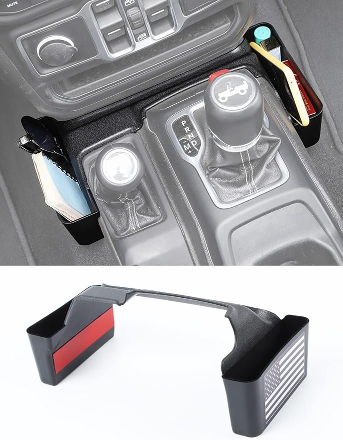 Savadicar GT-2 Shifter Storage Box with Microfibers, American Flag Gear Shift Tray, Center Console Organizer for 2018-2025 Jeep Wrangler JL JLU 4XE & Gladiator JT, Interior Accessories, Black,1 PC