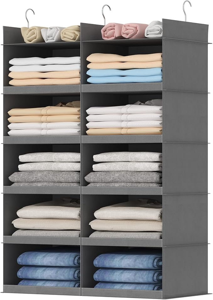 Lifewit Dual-Row Shelf Hanging Closet Organizer and Storage, Clothes Shelves with 3 Sturdy Hooks for Clothing Organization, F