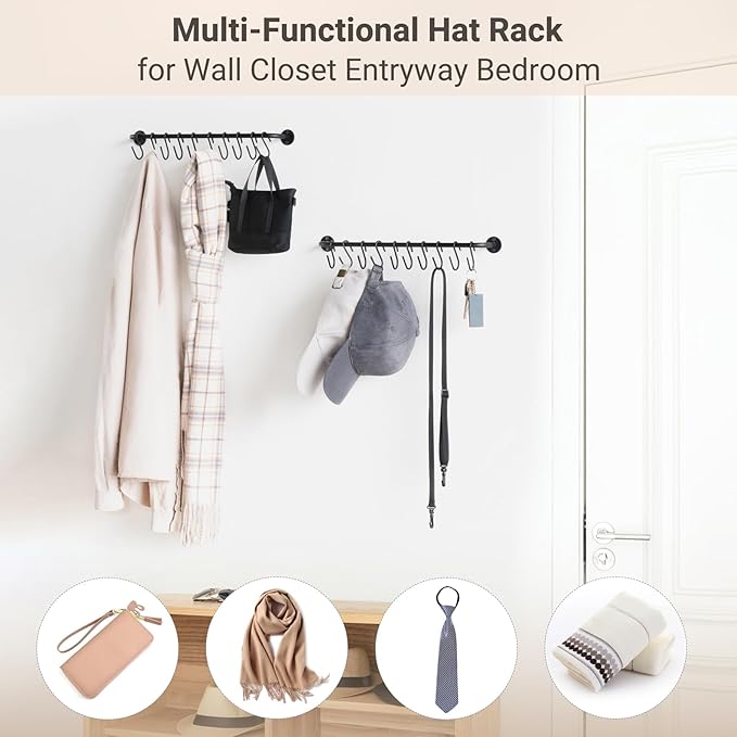 Mkono Hat Rack for Wall Baseball Cap Organizer Hanger with 20 Hooks Modern Metal Hat Holder Wall-Mounted Caps Display for Clo
