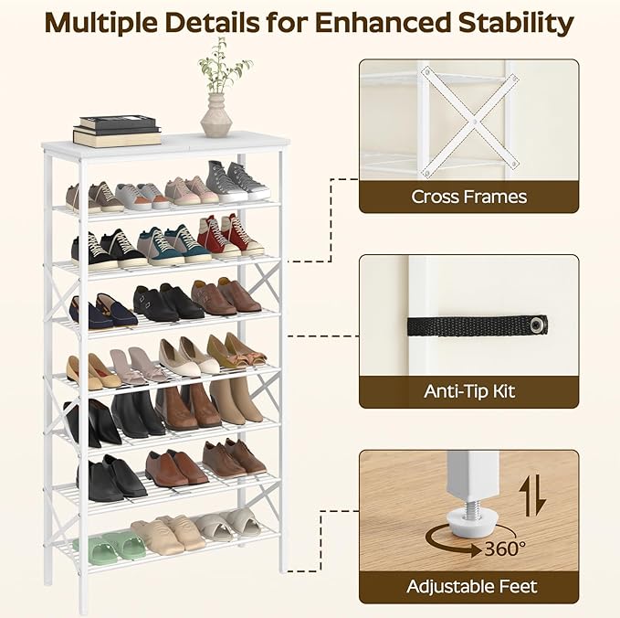 YATINEY 8 Tier Shoe Rack, Shoe Storage Organizer, Large Capacity Shoe Shelf Holds 32 Pairs of Shoes, Sturdy and Stable, for E