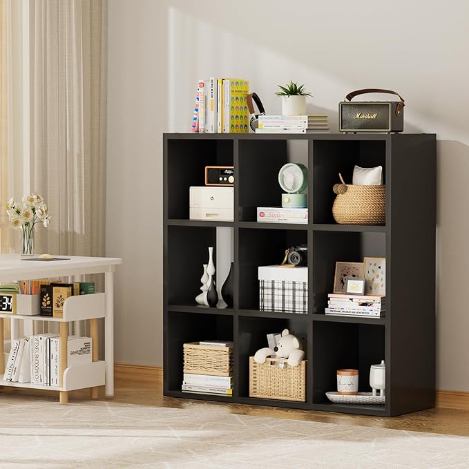 COMHOMA 9 Wood Cube Storage Organizer with Open Back and Removable Back Panels, 11In Black Cube Storage Bookshelf, Cubicle Sh
