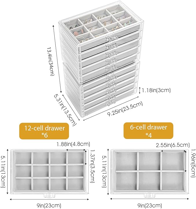 ProCase Earring Holder Organizer Jewelry Box with 10 Drawers, Acrylic Clear Earring Case with Adjustable Velvet Trays for Wom