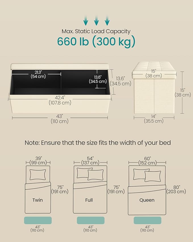 SONGMICS MAZIE Collection - 43 Inches Folding Storage Ottoman Bench, Ottoman Foot Rest, End of Bed Bench, Storage Chest, Load