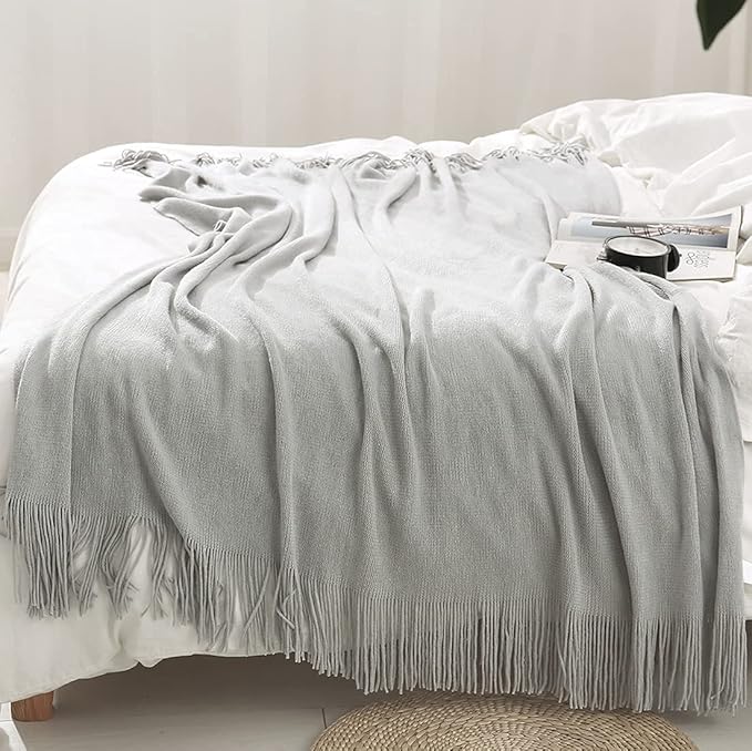 Homiest Decorative Knitted Throw Blanket with Fringe - Lightweight Acrylic Knit Blanket Soft & Cozy Tassel Blanket for Couch 