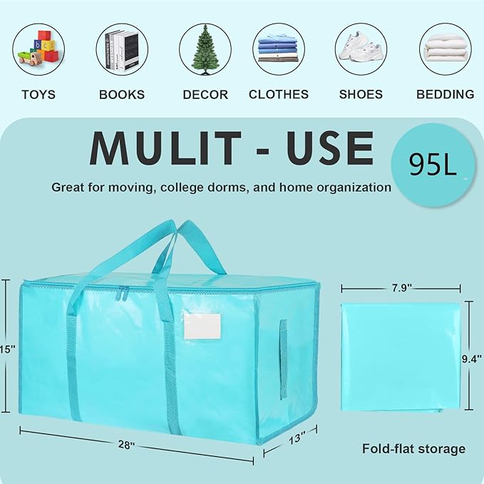 16 Pack-Extra Large Heavy Duty Moving Bags - Waterproof Storage Totes with Handles & Zippers, Foldable for College Dorm, Stor