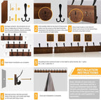 Wall Mount Coat Rack 47.3'' Burnt Brown Hanger - Rustic Towel Rack for Bathroom, Living Room - Hooks for Coats, Hats, Clothes