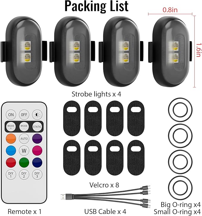 Upgrade LED Lights for Car-8PCS Interior Car Lights with Remote, USB-C 80 Hours 8 Colors IP65 Waterproof Rechargeable Underglow Wireless Strobe Lights for Trucks, eBike, Motorcycle