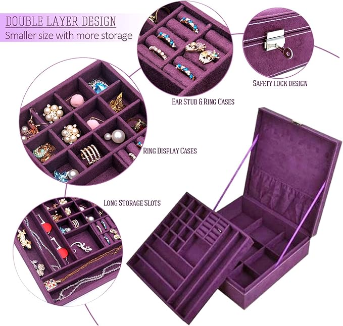 Two-Layer Jewelry Box Organizer Display Storage case with Lock (Purple)