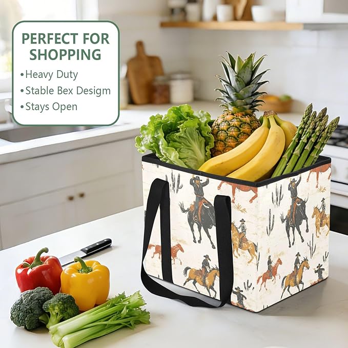 Western Cowboy Reusable Grocery Bags Large Shopping Tote Bag with Reinforced Bottom Board, Water Resistant Foldable Storage B