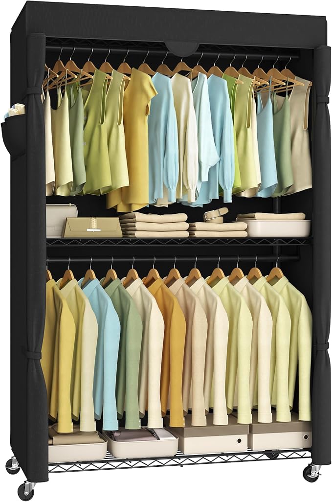 SONGMICS Heavy-Duty Rolling Clothes Rack, Garment Rack, Portable Closet, 43.3-Inch Wide Clothing Rack on Wheels, with Adjusta