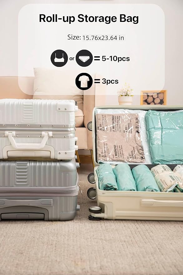 Vacuum Storage Bags for Clothing - NeatNest 6 Pack Roll-Up, 40×60cm (15.7"×23.6"), No Vacuum Needed, Compression Packing Bags