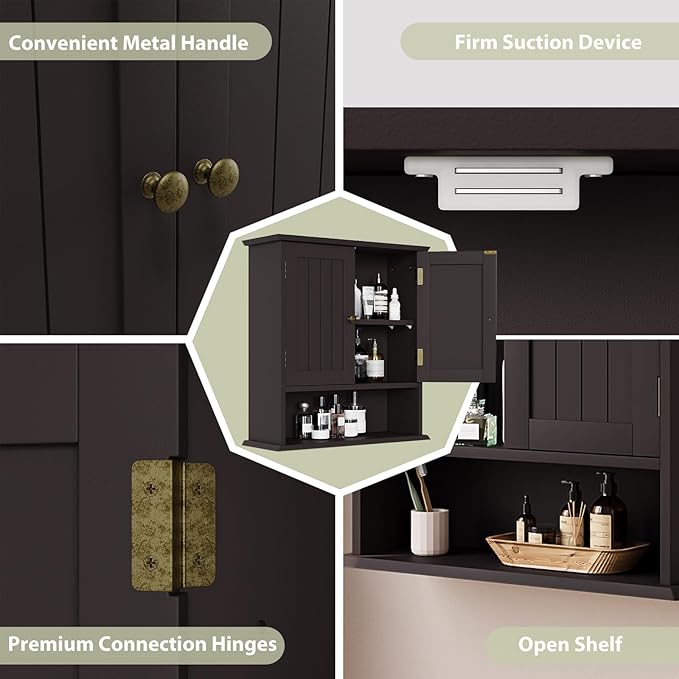 Smuxee Brown Bathroom Cabinet Wall Mounted, Small Medicine Cabinet with 2 Door Adjustable Shelves, Wall Cabinet Over Toilet f