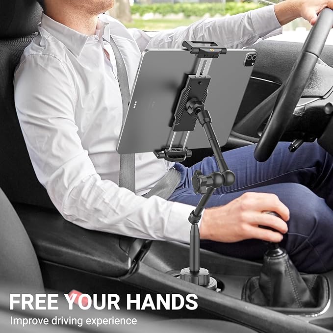 Car Tablet Holder for Cup Holder, Metal Long Arm 360° Rotation Tablet Mount for Truck Golf Treadmill, Fit Thickness Case (Deep Max 1.18'') for iPad Pro/Air/Mini, Galaxy Tab & 6.1-15.6" Devices